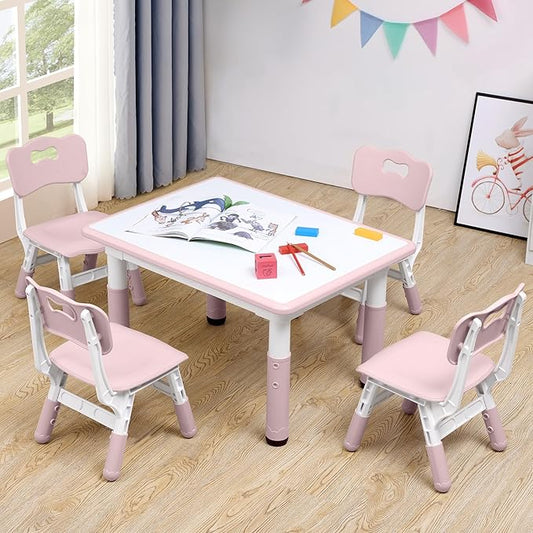 Adjustable Kids Table & Chairs Set for Ages 3-8 | 31.5"x23.6" Easy-Clean Activity Table | Meets ASTM/CPSC Standards for Daycare, Homeschool & Playroom (Pink, 4 Chairs)