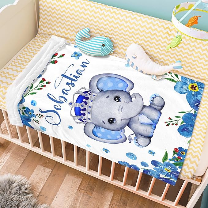 J&SBGFT Personalized Baby Blanket for Boys,Custom with Name, Customized Name Receiving Blankets Toddlers Kids Nursery Stroller Crib Decor Throw 30/''x40/'',Color12, 12-blue Floral Elephant
