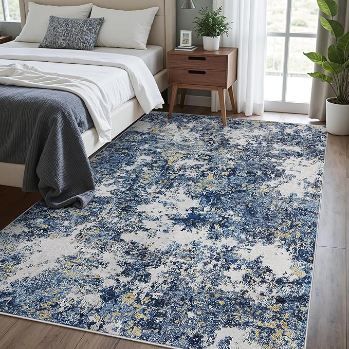 Area Rug Living Room Rugs: 5x7 Washable Rug with Anti-Slip Backing Non-Shedding Stain-Resistant Foldable Modern Abstract Carpet for Bedroom Dining Room Nursery Home Office (Blue/Multi)