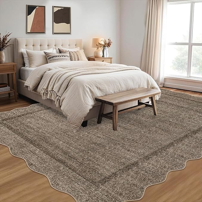 GarveeHome Scalloped Washable Rugs 10x13 Rug for Living Room Modern Bedroom Rug Taupe Large Area Rug Non Slip Throw Rugs Soft Low Pile Stain Resistant Carpet for Dorm Dining Room 10 ft x13 ft Taupe