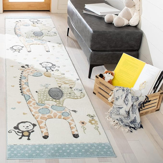 SAFAVIEH Carousel Kids Collection Runner Rug - 2'3" x 10', Ivory, Animal Design, Non-Shedding & Easy Care, Ideal for High Traffic Areas for Boys & Girls in Playroom, Nursery, Bedroom (CRK120A)