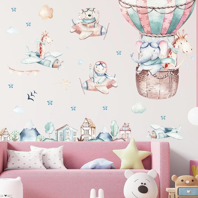 Flying Animals Wall Decals - Peel and Stick Hot Air Balloon Animals Wall Stickers, Aircrafts Decor for Baby Nursery, Toddler & Kids Bedroom Walls - Airplanes, Elephant, Giraffe, Bear
