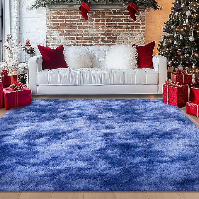 Living Room Rug 9x12, Soft Extra Large Tie Dye Blue Fluffy Shag Rug for Boys Bedroom, Non-Slip Modern Indoor Fuzzy Big Plush Rugs for Kids Room, Dorm, Home Decor