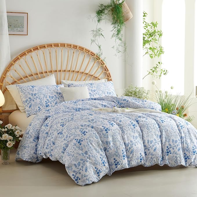 Floral Duvet Cover Full Size White Blue Flower Bedding Set 3Pcs Spring Cottagecore Garden Botanical Reversible Comforter Cover with Zipper Closure and 2 Pillowcases