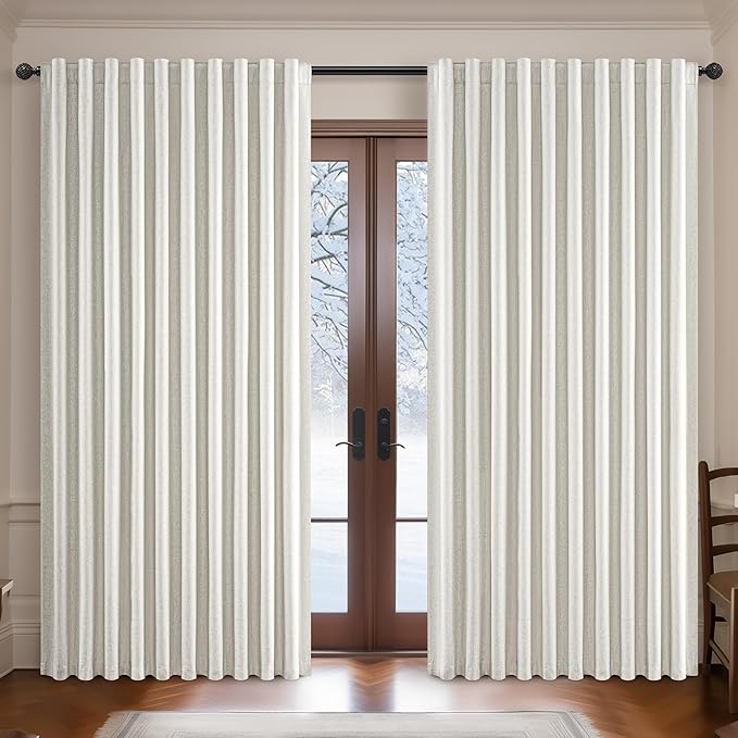 Extra Wide Room Darkening 96 Inch Curtains 2 Panels Set for Living Room,Cream Pleat Linen Blackout Curtain for Bedroom Windows 120 to 140 Privacy Thermal Window Drapes Rod Pocket(70"W x 96"L 2 Panels)