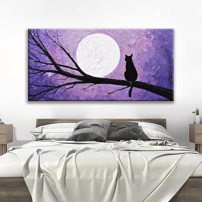 QSQ Cat Wall Art For Living Room Prints Painting Canvas Art Wall Decor Funny Monet Cat Under The Moonlight Abstract Wall Art Posters Picture For Bedroom Office Home Wall Decor Aesthetic 29" × 58"