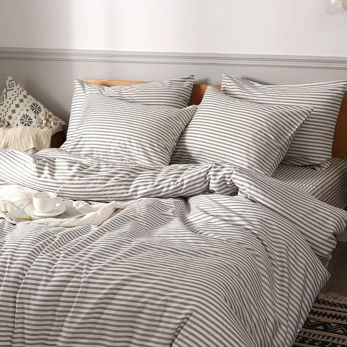 JELLYMONI 100% Natural Cotton 3pcs Striped Duvet Cover Sets with Zipper Closure & Corner Ties, White Comforter Cover with Grey Stripes Pattern Printed (Full Size)
