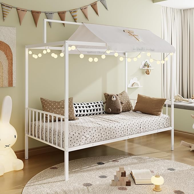 Harper & Bright Designs Full Size Montessori Floor Bed Frame for Kids, Metal Floor Bed with Canopy and Guardrails, High Fenced Canopy Bed with Sturdy Metal Slats Support, Easy Assembly, White