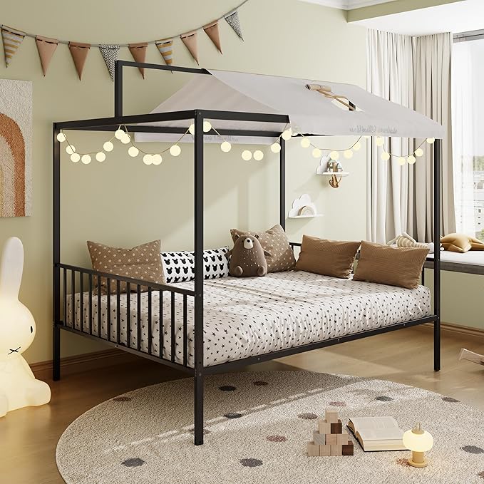 Merax Full Size Convertible Montessori Floor Bed, Metal House Bed Framefor Kids, Floor Beds with Fence for Kids,Black