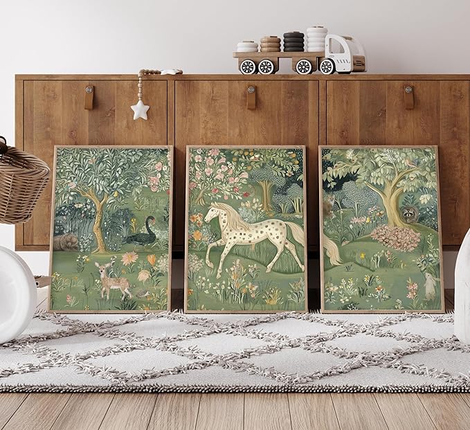 Vintage Woodland Animal Nursery Wall Art Magic Horse Bear Deer Poster Green Fantasy Forest Botanical Pictures Decor Fairy Tale Nature Painting Canvas Print Artwork for Kids Room Living Room, Unframed
