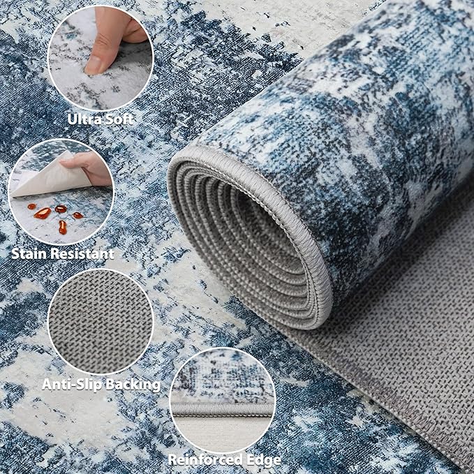 Area Rug Living Room Rugs: 5x7 Washable Rug with Anti-Slip Backing Non-Shedding Stain-Resistant Foldable Modern Abstract Carpet for Bedroom Dining Room Nursery Home Office (Blue)