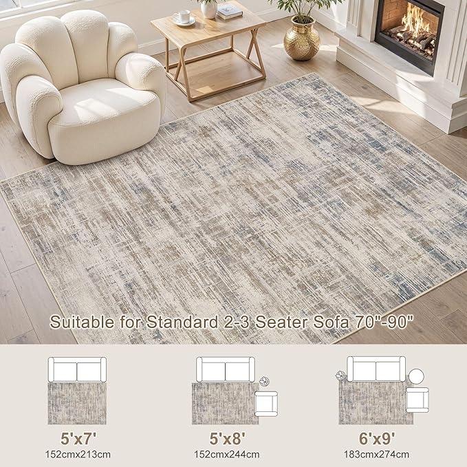 Area Rug for Living Room: 6x9 Washable Neutral Abstract Modern Soft Rugs Non Slip Indoor Floor Stain Resistant Large Carpet for Bedroom Dining Room Office Nursery - Brown