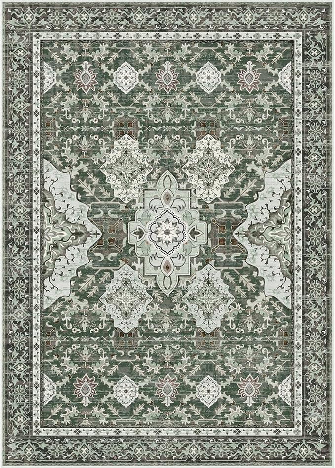 AMTOVO Area Rugs 5'x7' Washable Non-Slip, Vintage Boho Distressed Print Pattern Rugs for Living Room, Soft Low Pile Carpet for Bedroom Indoor Playroom Nursery Farmhouse Girls Room, Dark Green