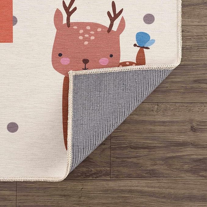 Hauteloom Lundy Girls Room, Boys Room, Kids Room Playroom Machine Washable Area Rug - Hopscotch Animal Carpet - Cream, Red, Orange, Blue, Colorful - 6'7" x 9'