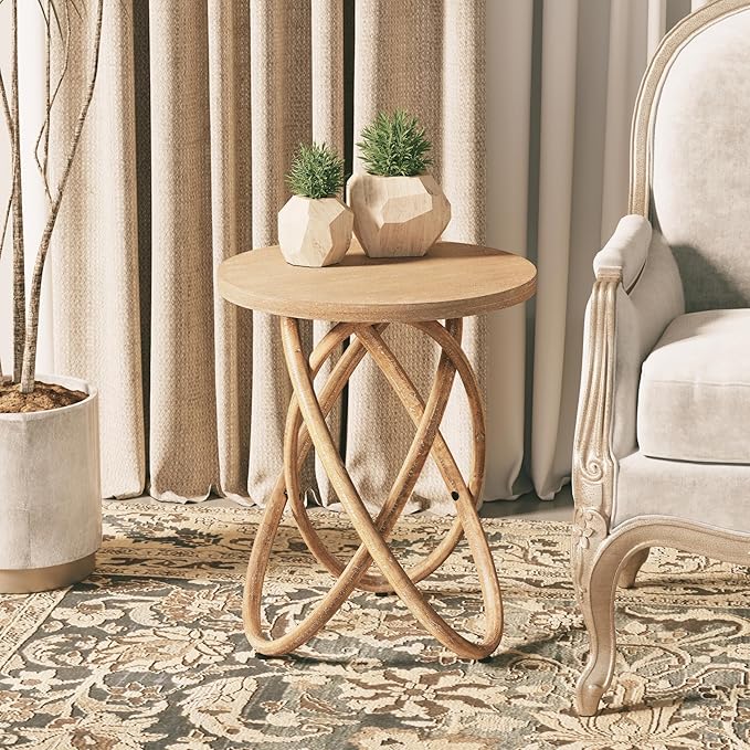 COZAYH Round End Table Farmhouse Wood Side Table Rustic Plant Stand with Intertwined Line Design for Living Room, Office, Walnut