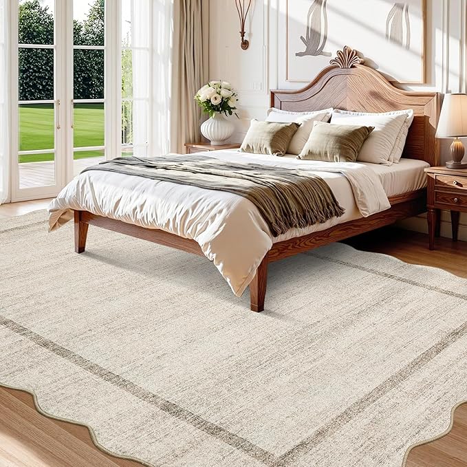 GarveeHome Scalloped 3x5 Washable Rug for Entryway, Super Soft Entryway Rug Non-Slip, Printed Faux Wool Floral 3x5 Area Rug Thin Floor Carpet for Kitchen, Bedroom, Office, Living Room, Beige