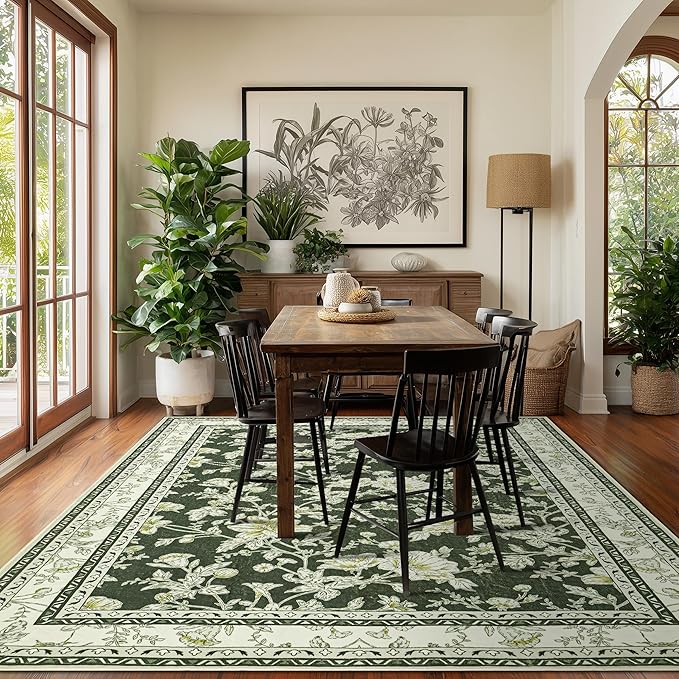 Olive Green Floral Print Area Rugs for Bedroom Living Room Boho Farmhouse Country Rustic Dining Room Carpet Soft Washable Rugs Non Slip Floor Covering for Nursery Playroom 6x9