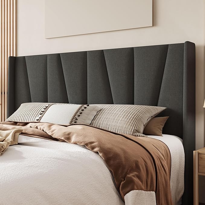 Allewie King Size Platform Bed Frame with Geometric Wingback Headboard, Boho Upholstered Bed with Wooden Slats Support, No Box Spring Needed, Easy Assembly, Dark Grey