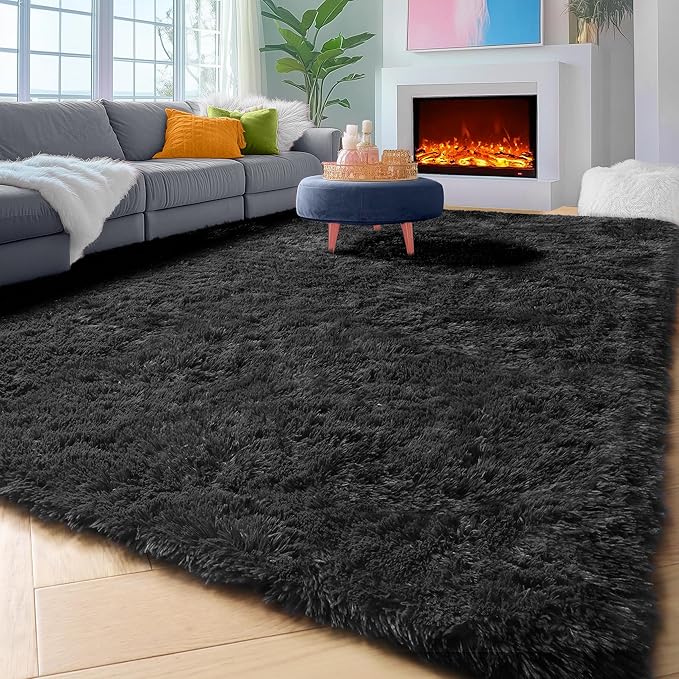 ONASAR Black 8x10 Area Rugs for Living Room, Large Fluffy Shag Bedroom Rug, Washable Ultra Soft Thick Shaggy Floor Big Indoor Carpets for Kids Boys Girls Teen Nursery Dorm Modern Home Decor Aesthetic