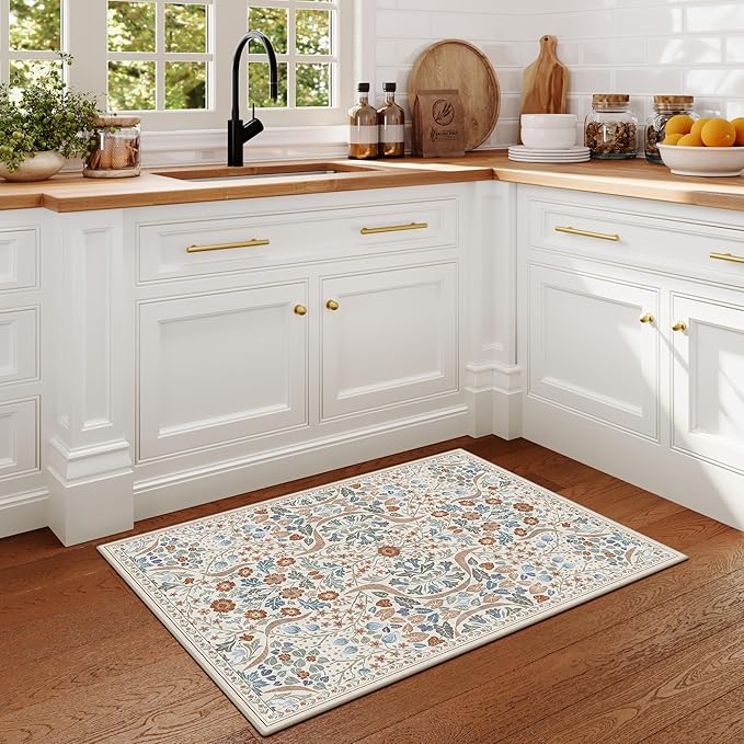 2x3 Floral Washable Area Rug for Kitchen, Non-Slip Soft Vintage Boho Carpet, Botanical Forest Beige Small Low Pile Rugs for Bedroom, Entryway, Home Office, Dorm, Beige