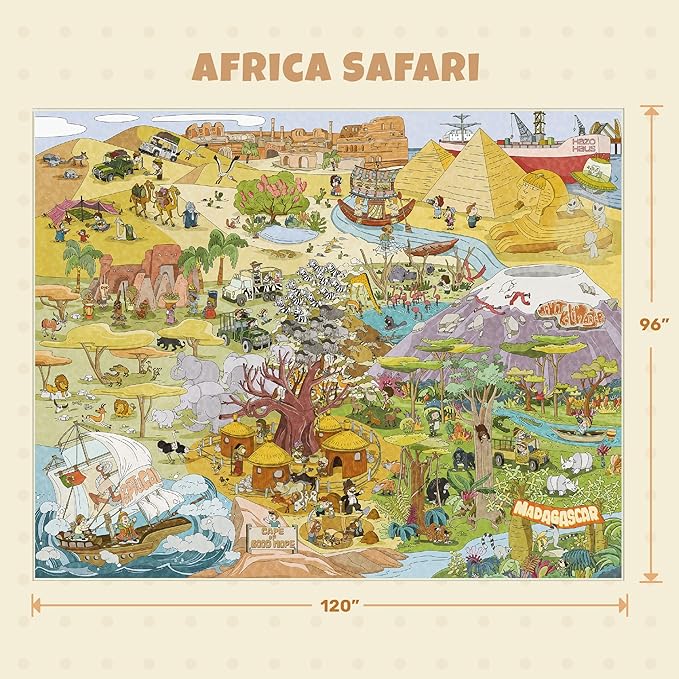 Large Kids Playroom Rug 8x10 – Africa Adventure Safari Animal Map Carpet with Lions, Elephants, Giraffes & Tribes – Educational Play Mat for Boys & Girls Bedroom, Classroom, or Reading Nook