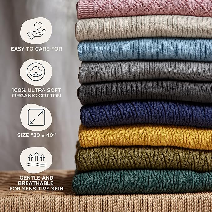 Knitted Organic Cotton Baby Blanket- Swaddle Blanket, 30" x 40" Soft Receiving Blanket for Newborn(North Sea Blue)