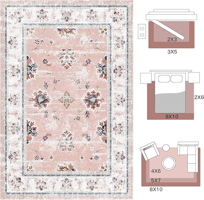 Tangsoo Floral 8x10 Washable Rug Pink Area Rugs for Living Room Large Bedroom Rug Non Slip Soft Indoor Floor Carpet for Girls Room Nursery Playroom