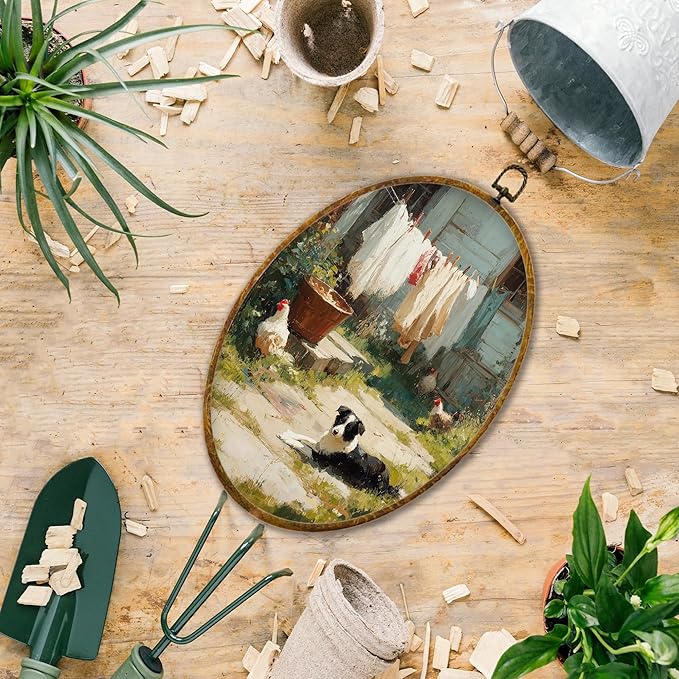 Hiuwevt Rustic Farmhouse Laundry Day Oval Wall Art Decor, Retro Country Dog Chicken Framed Canvas Prints, Farmhouse Oval Wall Hanging Decor for Home Laundry Room Bathroom Decorations, 8.6x11.4 Inches