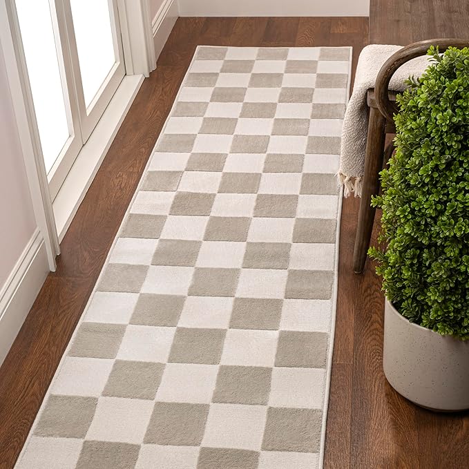 JONATHAN Y Checkerboard High-Low Runner Rug 2X8 Beige/Cream, Thea Modern Geometric for Living Room, Bedroom, Kitchen, Office, Easy-Cleaning, High Traffic, Pet-Friendly, Non-Shedding SND103A-28