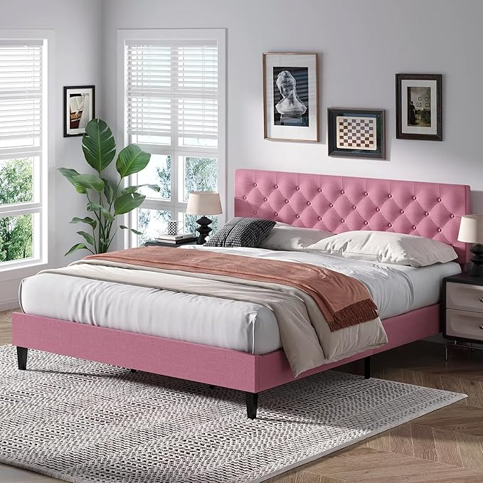 BarnFurin King Size Platform Bed Frame, Fabric Upholstered Bed with Button Tufted Headboard, Adjustable Headboard Design, Easy Assembly, No Box Spring Required, Pink