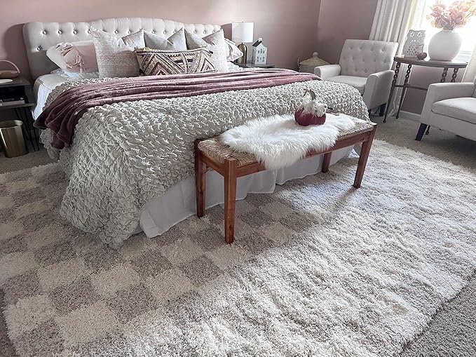 BoutiqueRugs Atira Checkered Shag Area Rug - Cream, Light Beige, Light Brown - 9'2" x 12'