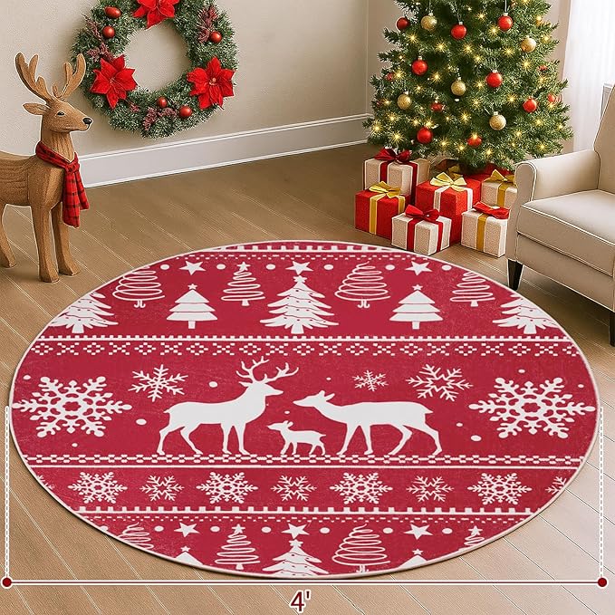 4' Machine Washable Christmas Round Area Rug, Non-Slip Vintage Floral Circle Floor Rugs for Kids, Low Pile Room Carpet for Living Room, Bedroom, Dining Room & Nursery(4' Elk)