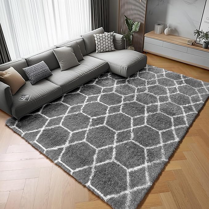 ONASAR Area Rugs for Living Room Bedroom, 5x8 Washable Fluffy Grey and White Rug, Geometric Boho Soft Plush Shaggy Fuzzy Floor Carpet for Nursery Kids Girls Boys Teen Dorm Home Decor Aesthetic