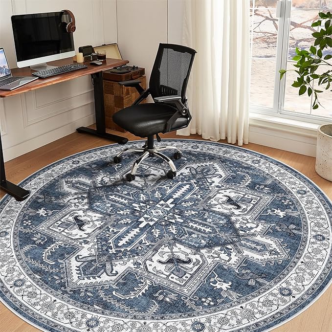 WITSHOCK Living Room Area Rugs 8Ft: Washable Rug Boho Soft Non-Slip Low Pile Stain Resistant Foldable Carpet for Bedroom Playroom Dining Room Office Kitchen Farmhouse Home Decor Rug-Blue