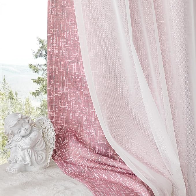 100% Blackout Curtains with Sheer Overlay Mix and Match Double Layer Drapes 90 Inch Long 2 Panels for Bedroom Living Room Pink White Ombre Grommet Window Treatment with Tiebacks