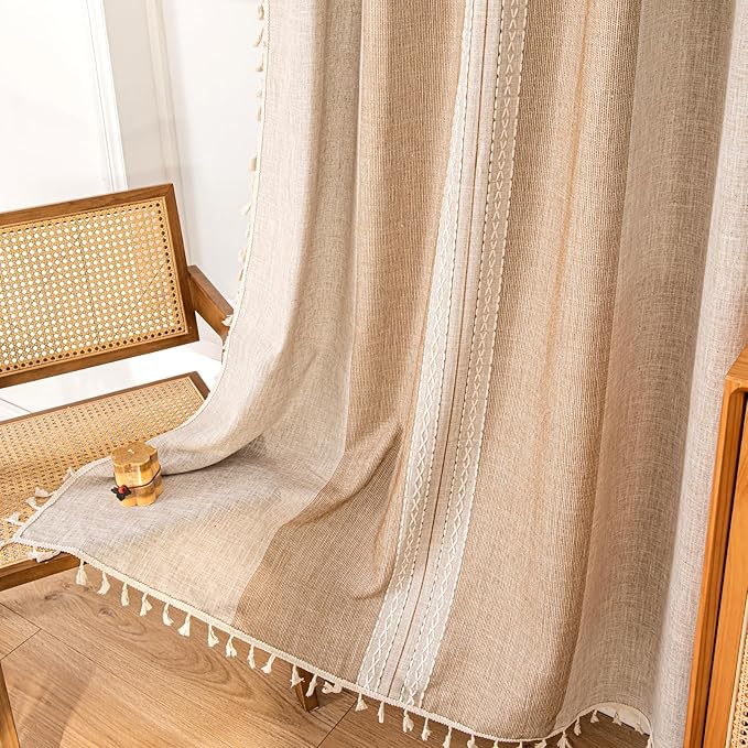 Deeprove Boho Curtains 63 Inches Length for Bedroom Kitchen Closet, Stripes Embroidery Weighted, Bohemian Farmhouse Window Treatment Drape Tassels, 1 Panel W52 x L63, Khaki and Coffee