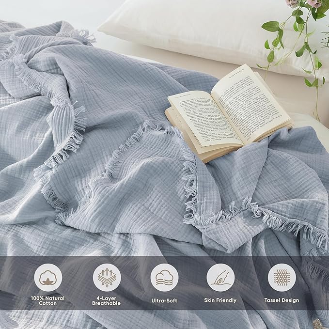 MooMee Muslin Blanket - 100% Cotton 4-Layer Gauze Throw Blanket with Tassels Ultra-Soft Breathable Lightweight Cooling for Bed Couch (Dusty Blue,Super King 108" x 98")
