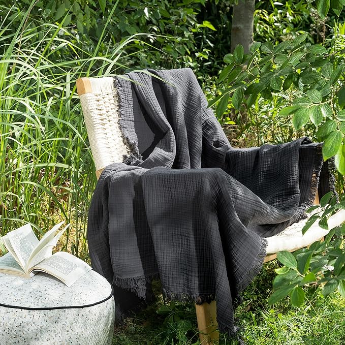 MooMee Muslin Blanket - 100% Cotton 4-Layer Gauze Throw Blanket with All-Around Fringe, Ultra-Soft Breathable Lightweight Cooling Decorative for Bed, Sofa & Couch (Dark Grey,Throw XL 50" x 70")
