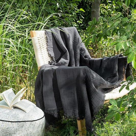 MooMee Muslin Blanket - 100% Cotton 4-Layer Gauze Throw Blanket with All-Around Fringe, Ultra-Soft Breathable Lightweight Cooling Decorative for Bed, Sofa & Couch (Dark Grey,Throw 60" x 50")