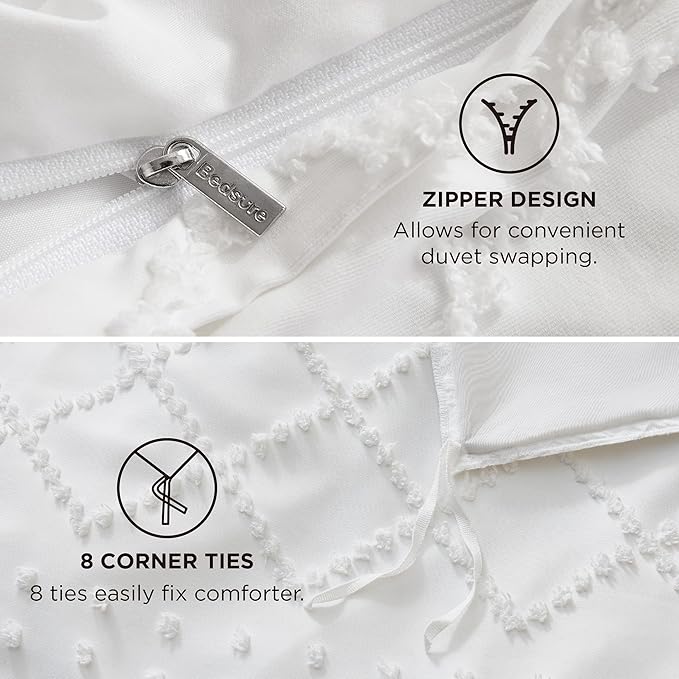 Bedsure Boho Duvet Cover Queen Size - White Breathable & Soft Boho Bedding, Machine Washable Comforter Cover for All Seasons, Includes 1 Duvet Cover 90"x90" with 2 Pillow Shams & Zipper Closure