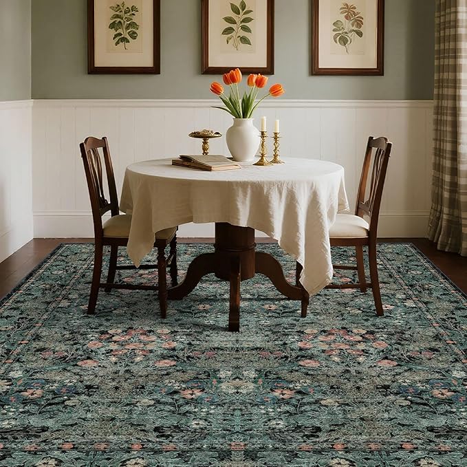 Dark Green Boho 5x7 Area Rugs for Bedroom Aesthetic, Washable Floral Rug for Living Room, Nursery - Low Pile Non Slip French Country Carpet for Dining Room Under Table - Botanical Mat for Indoor