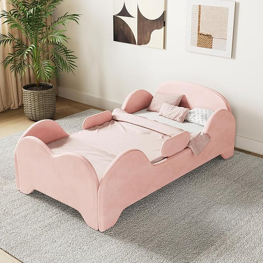 Toddler Bed, Toddler Flood Bed with Extra Safety Broad, Standard Crib Size for Kids, Certified Fabric Beds, Low to Floor Design (Pink)