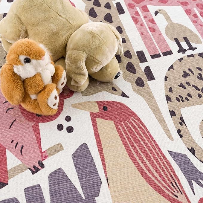 Hauteloom Natal Kids Room, Nursery Machine Washable Area Rug - Animals - Beige, Terracotta - 5'3" x 7'3"