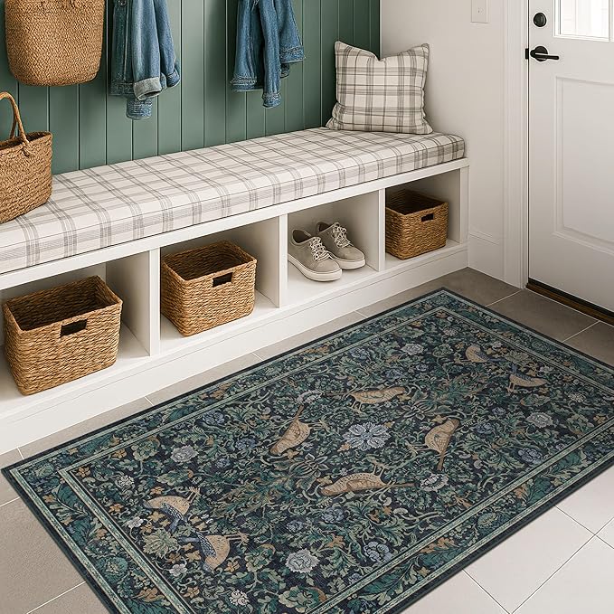 Vintage Large Entryway Rugs Indoor, 3x5 Washable Blue and Green Floral Rugs for Kitchen Floor, Bedroom Beside Bed, Non-Slip & Low Pile Stain Resistant Laundry Carpet with Plant & Bird Pattern