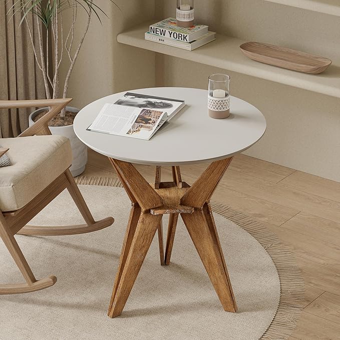 COZAYH Farmhouse End Table Distressed Wood Side Table with Crisscross Legs and X Legs, Accent Table with White Top and Tripod Base for Living Room, Office, Boho Decor, Modern Rustic, Nature, Round