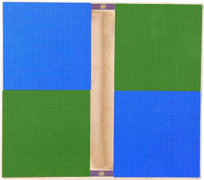 Time-2-Play 35" Square Blue & Green Lego Compatible Blocks Play Table for Kids, Solid Wood Desk with Trough and Shelf for Elementary School, Toddlers [ 14" Long Legs]