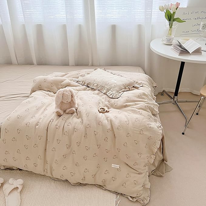 AOJIM Muslin Cotton Kids Duvet Cover with Ruffled Edges for Boys Girls, 1 Piece Soft Pure Cotton Comforter Cover Twin Size 68X86'', Rabbit Kids Bedding Duvet Cover for Room Decor, No Quilt/Pillow