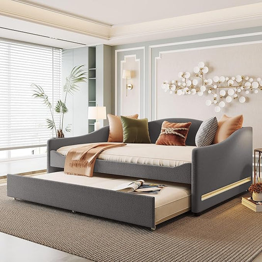 Merax Full Size Upholstered Daybed with Light and Trundle, Gray Teddy Fleece Sofa Bed Modern Wooden Platform Bed Frame for Bedroom, Living Room, Guest Room, Apartment