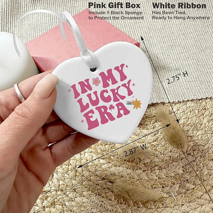 Heart Shaped Christmas Ornament-Lucky Era Keepsake-Shamrock Charm Decor for Women Men-St Patrick's Day Gift-Birthday Celebration Ornament-Ceramic Home Decor in My Lucky Era