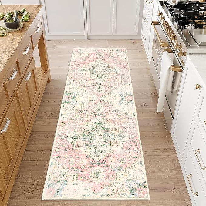 2x6 Ft Washable Kitchen Runner Rug Pink and Green Entryway Runner Vintage Non-Slip Faux Wool Low-Pile Floor Carpet Runners for Hallways Bedroom Bathroom Laundry Room